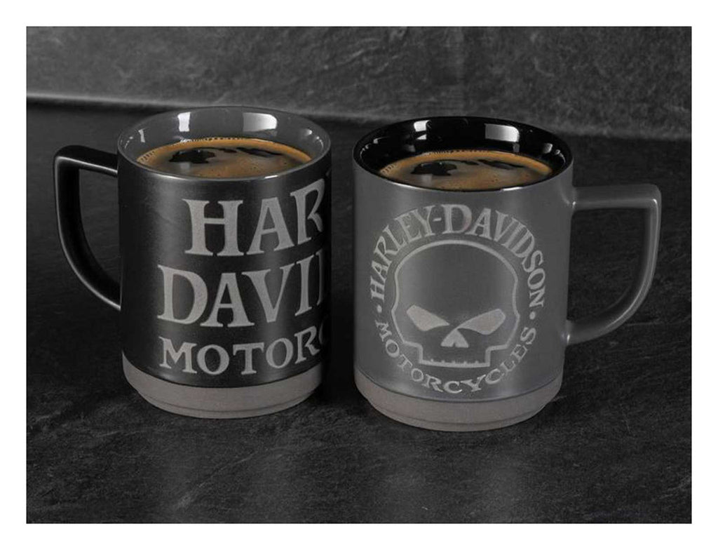 Harley-Davidson® Engraved Willie G Skull Coffee Mug Set, Set of Two 16 oz. Black