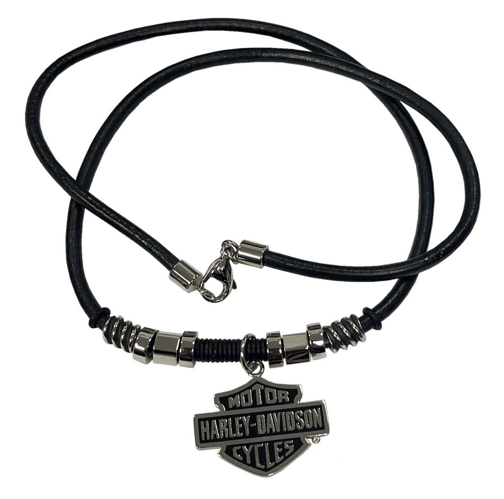 Harley-Davidson® Men's Nut & Coil B&S Pendent Leather Necklace - Stainless Steel