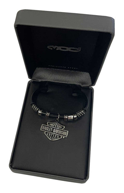 Harley-Davidson® Men's Nut & Coil B&S Pendent Leather Necklace - Stainless Steel