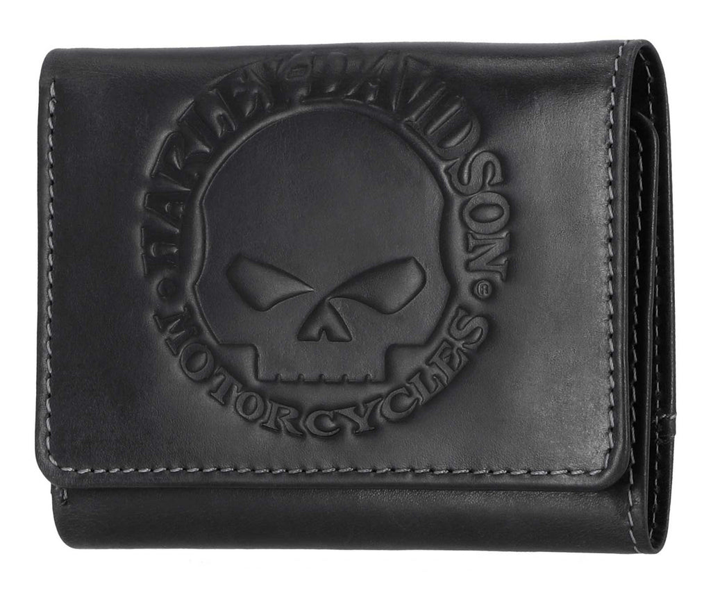 Harley-Davidson® Men's Willie G Skull Snap Tri-Fold Leather Wallet, Black