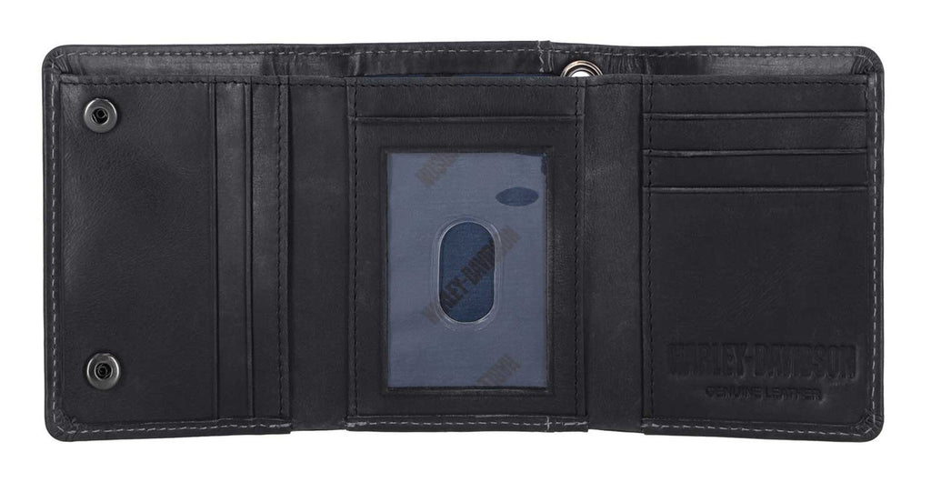 Harley-Davidson® Men's Willie G Skull Snap Tri-Fold Leather Wallet, Black