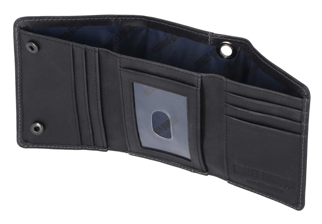 Harley-Davidson® Men's Willie G Skull Snap Tri-Fold Leather Wallet, Black