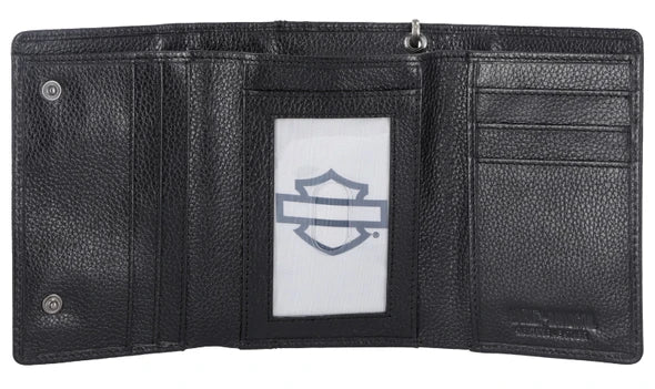 Harley-Davidson® Men's Bar & Shield Patch Tri-Fold Chain Leather Wallet - Black