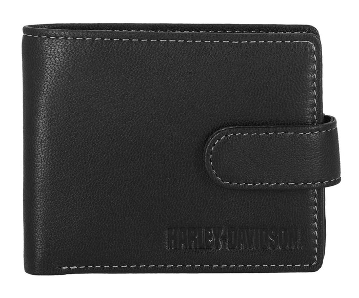 Harley-Davidson® Men's Snap Genuine Leather Billfold Wallet w/ Coin Pocket, Black