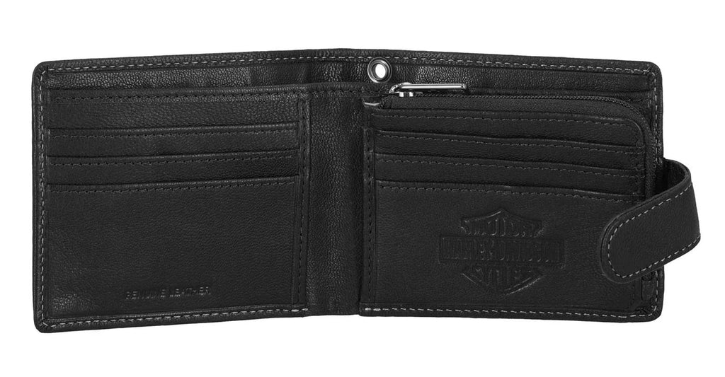 Harley-Davidson® Men's Snap Genuine Leather Billfold Wallet w/ Coin Pocket, Black