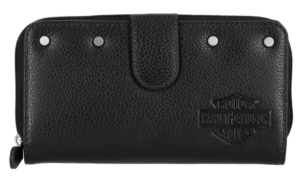 Harley Davidson Core Stud B&S Genuine Leather Tab Clutch Wallet, Black