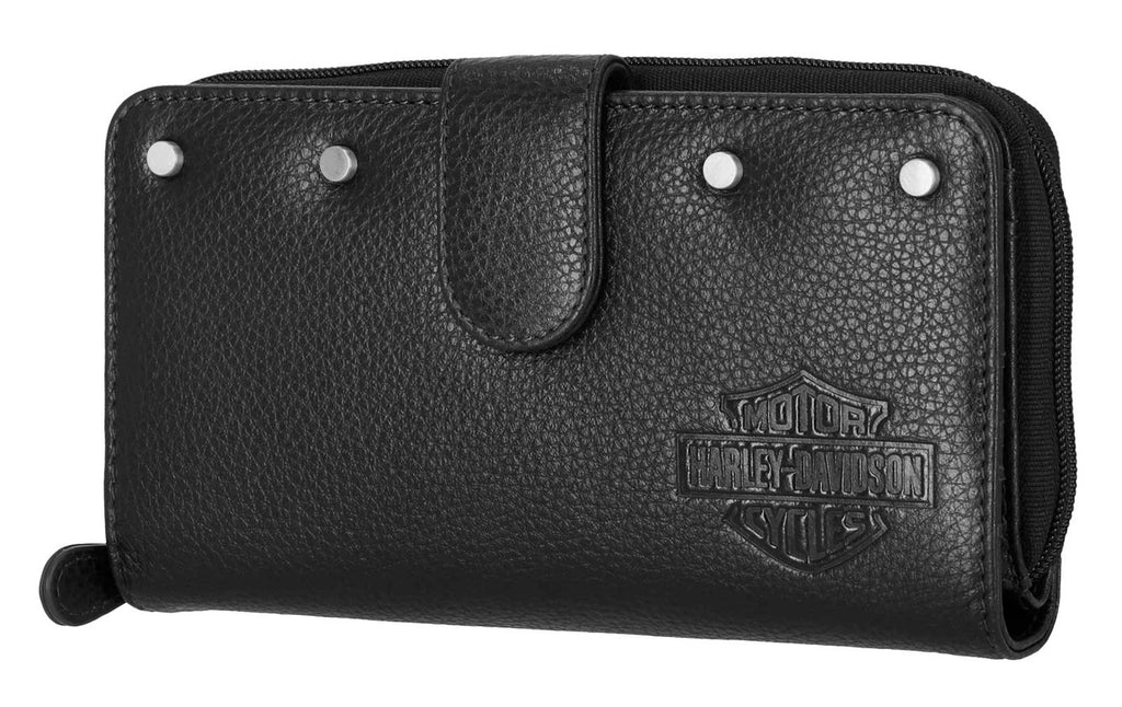 Harley Davidson Core Stud B&S Genuine Leather Tab Clutch Wallet, Black
