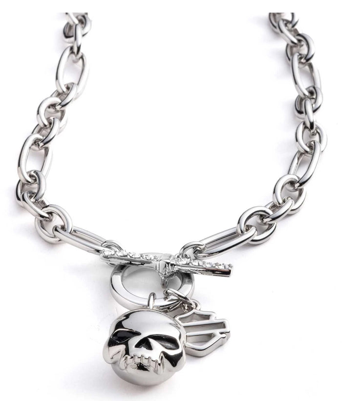 Harley-Davidson Women's 16 in. Willie G Skull Toggle Necklace, Silver Brass