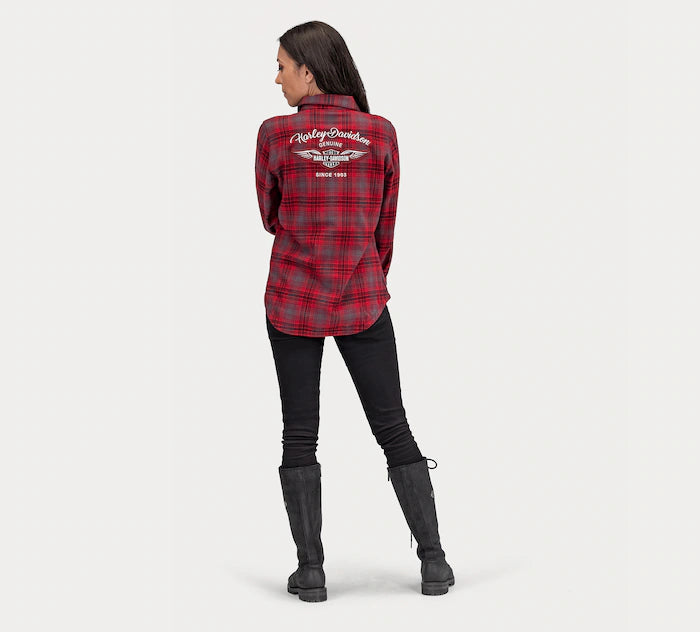 Women's Silver Wing Font Two Pocket Plaid Flannel Shirt