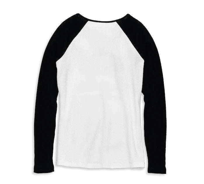 Women's Silver Wing Font Graphic Notch Neck Colorblock Waffle Knit Top