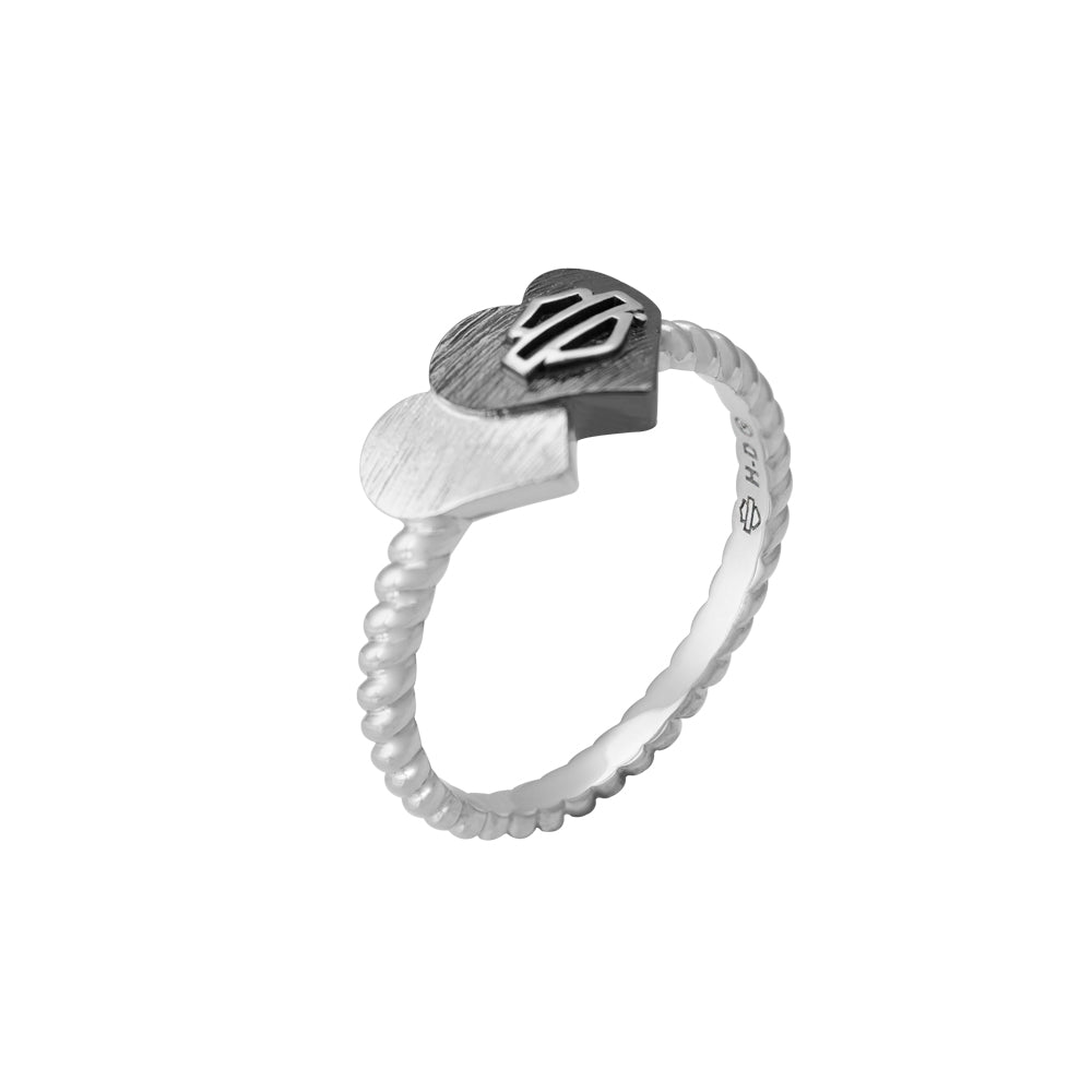 Harley-Davidson® Womens Black & Silver Double Heart Ring, Sterling Silver