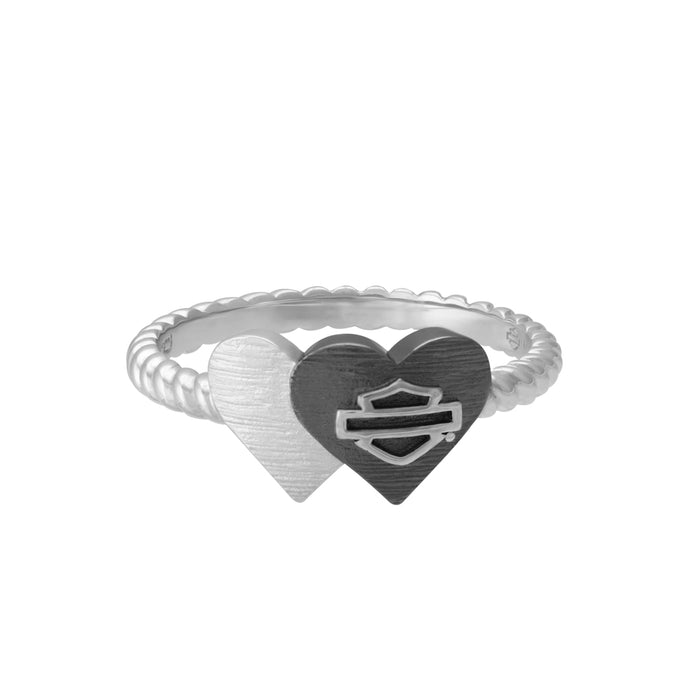 Harley-Davidson® Womens Black & Silver Double Heart Ring, Sterling Silver