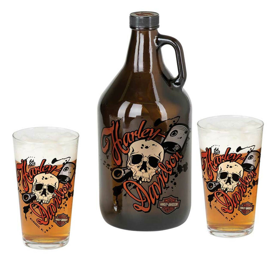 Harley-Davidson® Piston Skull Growler Set w/ Two 16 oz. Pint Glasses