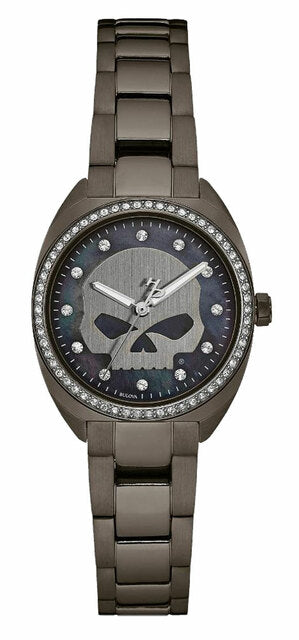 Harley-Davidson® Women's Crystal Willie G Skull Watch, Gunmetal Finish