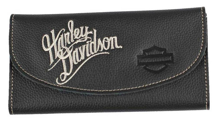 Harley-Davidson® Women's Embroidered Script Tri-Fold Wallet, Black