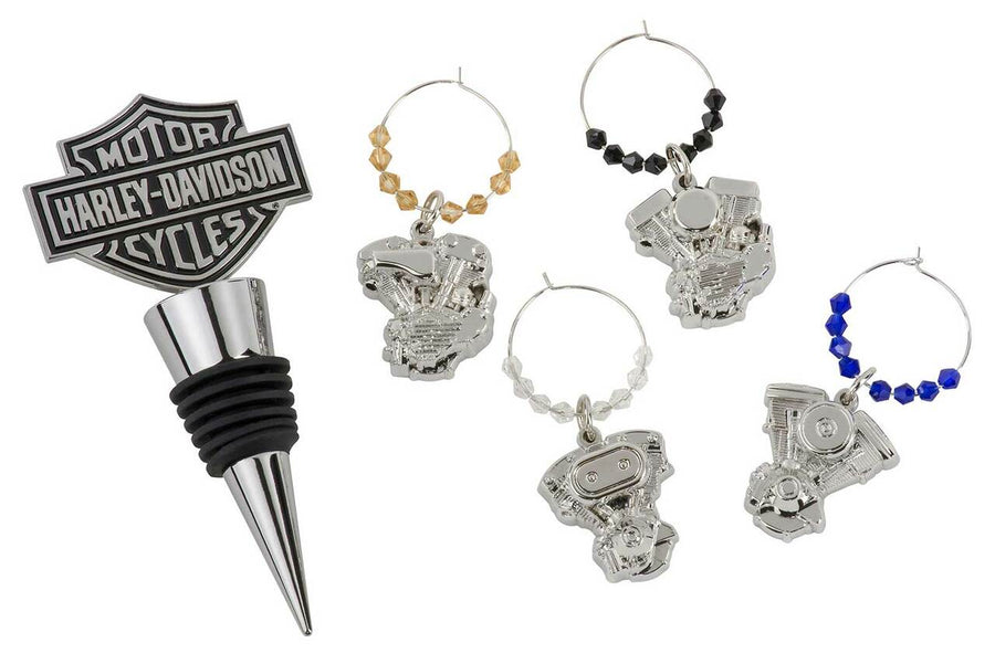 Harley-Davidson® Bar & Shield Engine Wine Bottle Stopper & Wine Glass Charms Set